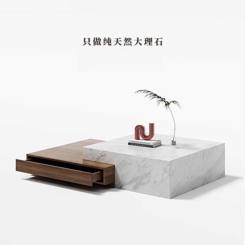 Natural marble coffee table TV cabinet combination living room high-end modern light luxury Italian minimalist square wabi-Sabi wind