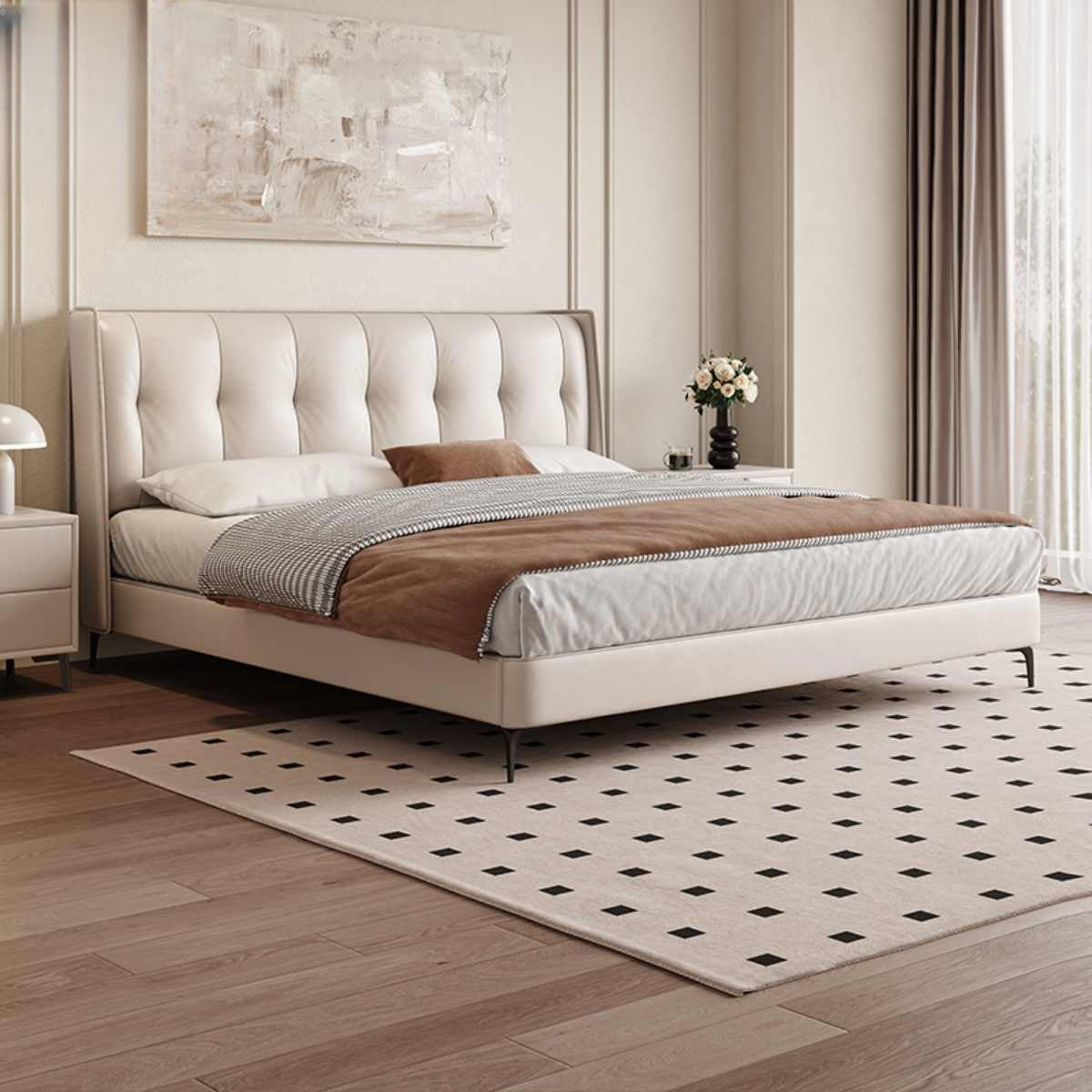 Italian minimalist leather bed Modern simple master bedroom large bed high-end atmosphere cream wind bedroom double storage