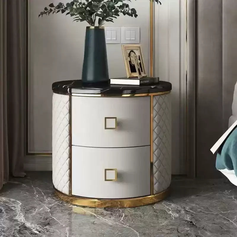 Modern simple high-end storage cabinet Italian light luxury round solid wood bedside table leather light luxury marble desktop