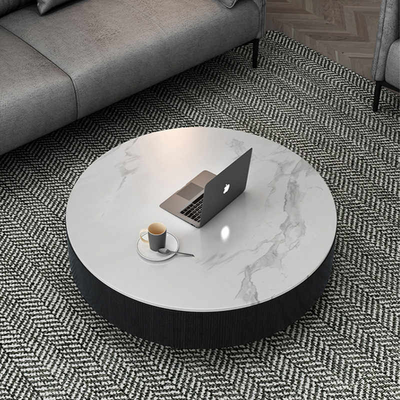 Rock panel solid wood round coffee table living room home round coffee table cabinet Italian style very simple modern pure black and white coffee table