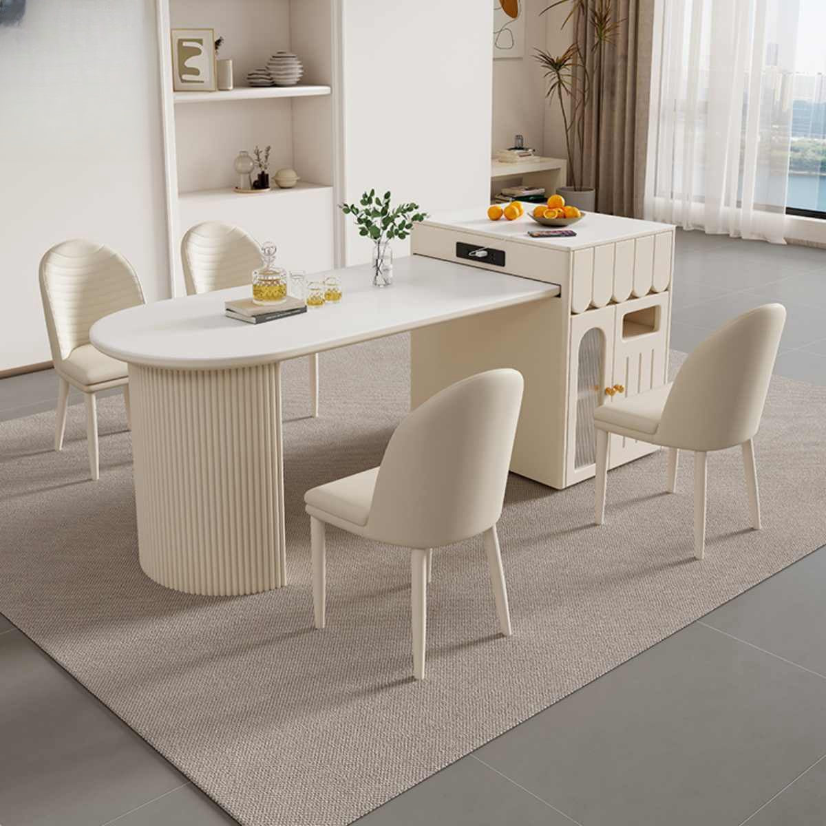 Cream wind rock slab island table integrated into a modern simple retractable home restaurant kitchen for small households