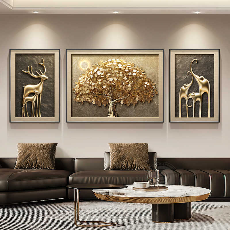 Fortune tree atmospheric living room decoration painting modern light luxury elephant sofa background wall hanging painting advanced sense triple mural