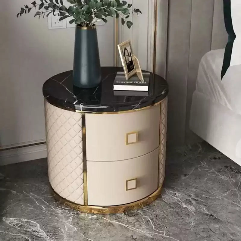 Modern simple high-end storage cabinet Italian light luxury round solid wood bedside table leather light luxury marble desktop