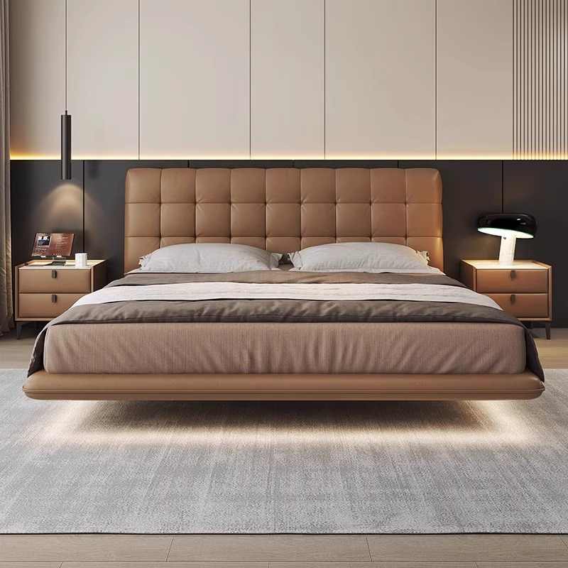 Waffle leather bed Master bedroom high-end atmosphere first layer cowhide floating bed modern simple 1.8m double bed wedding bed
