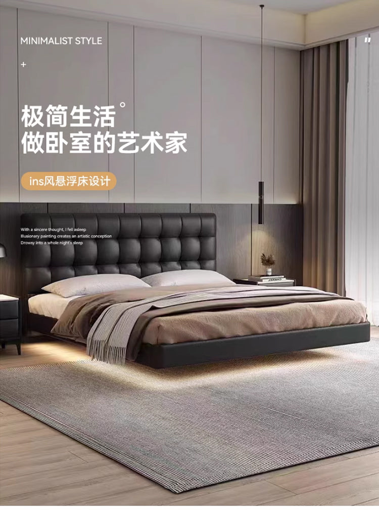 Waffle leather bed Master bedroom high-end atmosphere first layer cowhide floating bed modern simple 1.8m double bed wedding bed