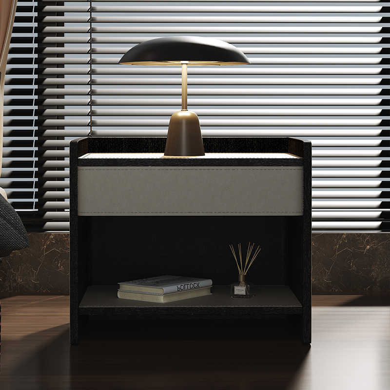 Italian minimalist saddle leather bedside table rectangular 2023 new leather bedside storage cabinet height 50cm short