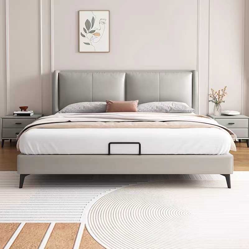 Modern simple leather bed Italian minimalist small unit light luxury leather bed