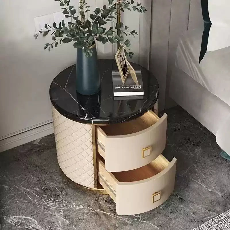 Modern simple high-end storage cabinet Italian light luxury round solid wood bedside table leather light luxury marble desktop