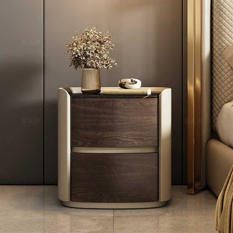 Italian minimalist high-end solid wood bedside table designer oval leather bedside cabinet Modern light luxury rock board locker