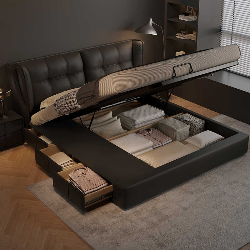 Italian leather bed Light luxury atmospheric first layer leather double master bed 1.8m storage bed Modern simple wedding bed