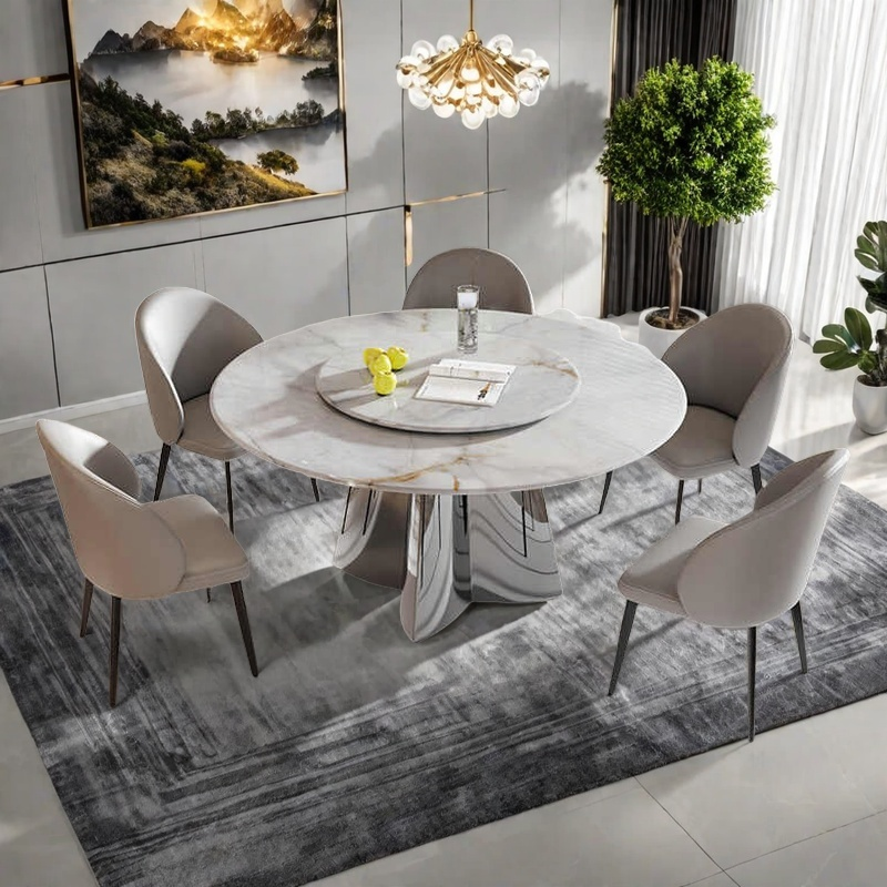 Light luxury marble round table and chair combination turntable senior sense natural luxury stone supercrystalline color stone microcrystalline stone