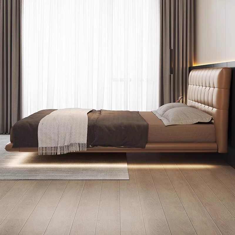 Waffle leather bed Master bedroom high-end atmosphere first layer cowhide floating bed modern simple 1.8m double bed wedding bed