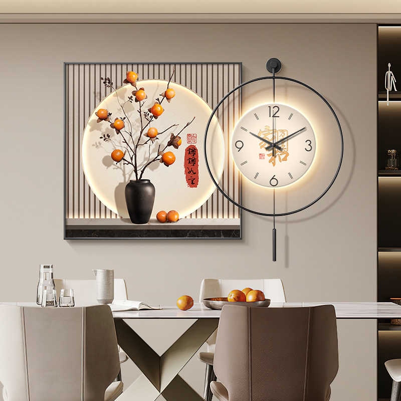 Modern light luxury restaurant decoration painting Persimmon Ruyi high-grade sense table background wall hanging painting dining room clock wall clock painting