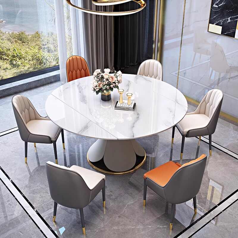 Minimalist Italian rock plate dining table and chair combination of modern simple metal art telescopic square round lotus table