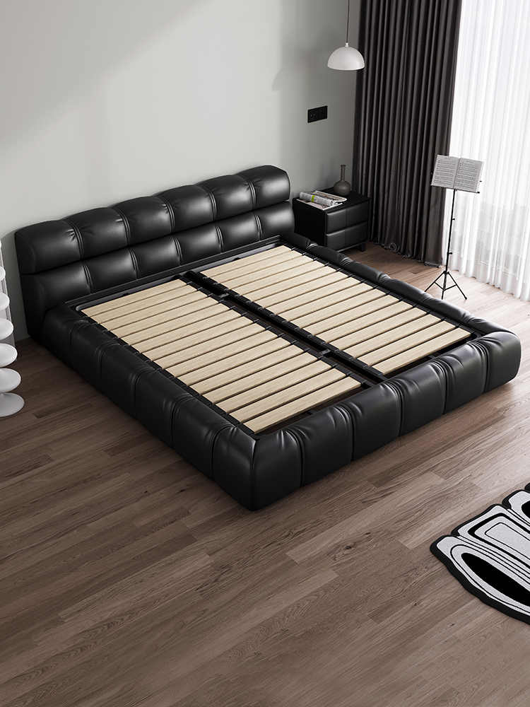 Leather bed Modern simple black puff bed Italian minimalist Master bedroom Queen bed storage Wedding bed Double bed