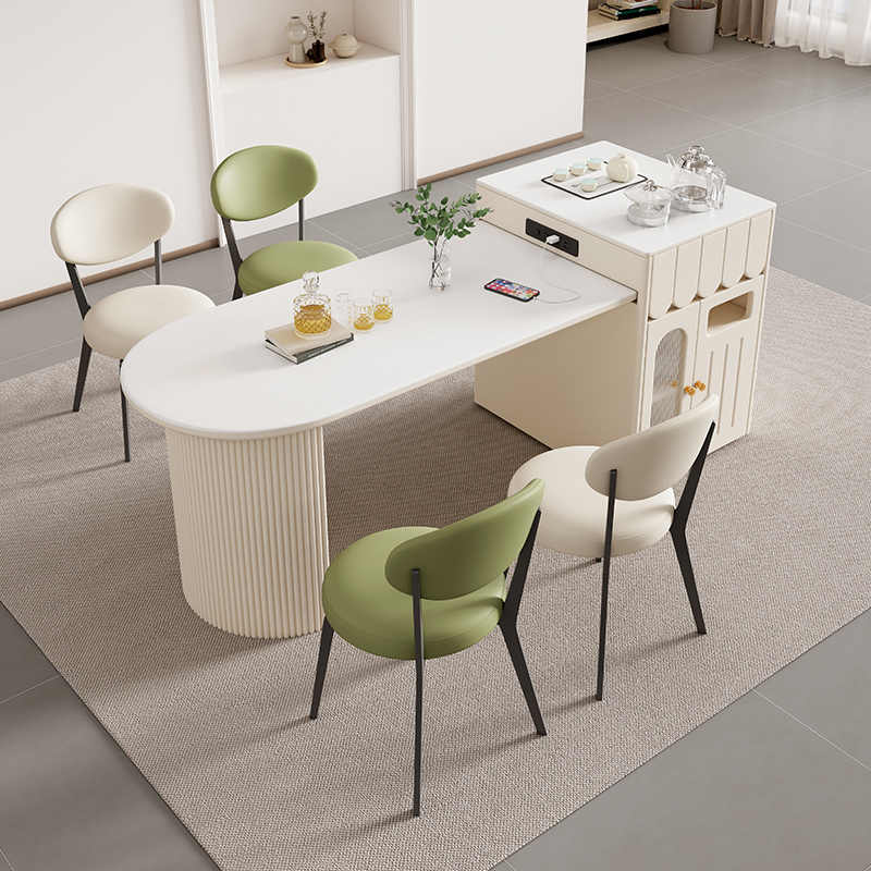 Cream wind rock slab island table integrated into a modern simple retractable home restaurant kitchen for small households