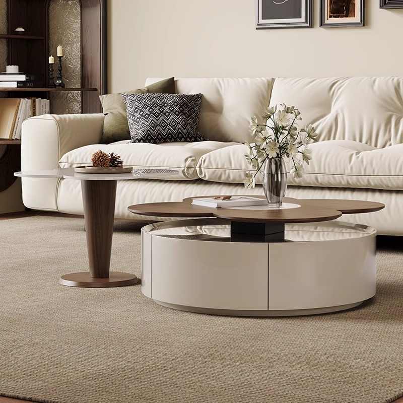 Cream wind rock plate coffee table Italian living room home small apartment new flower four-leaf clover can rotate round coffee table