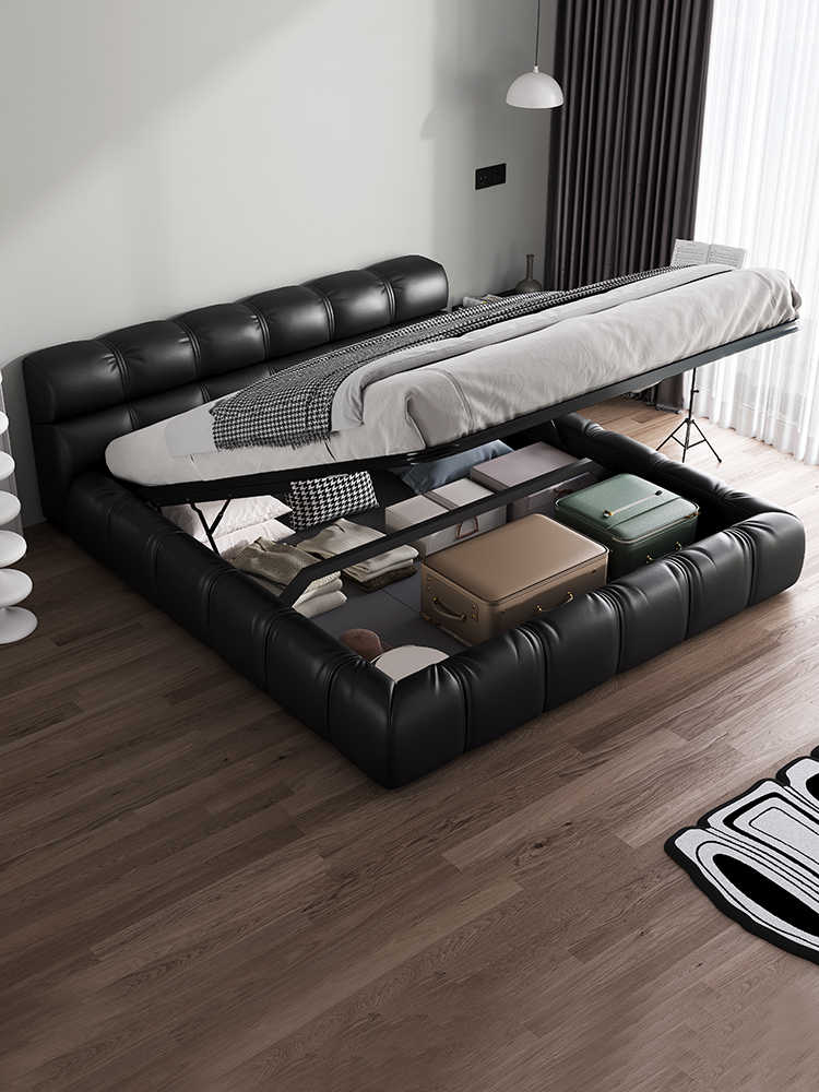 Leather bed Modern simple black puff bed Italian minimalist Master bedroom Queen bed storage Wedding bed Double bed