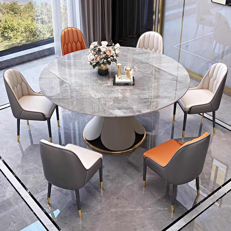 Minimalist Italian rock plate dining table and chair combination of modern simple metal art telescopic square round lotus table