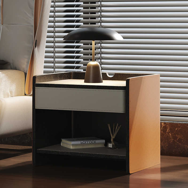 Italian minimalist saddle leather bedside table rectangular 2023 new leather bedside storage cabinet height 50cm short