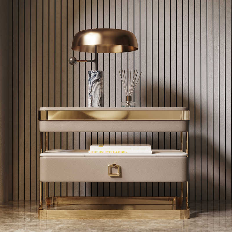 Intelligent bedside table advanced sense multi-functional light luxury Italian minimalist bedside cabinet rock board storage glass