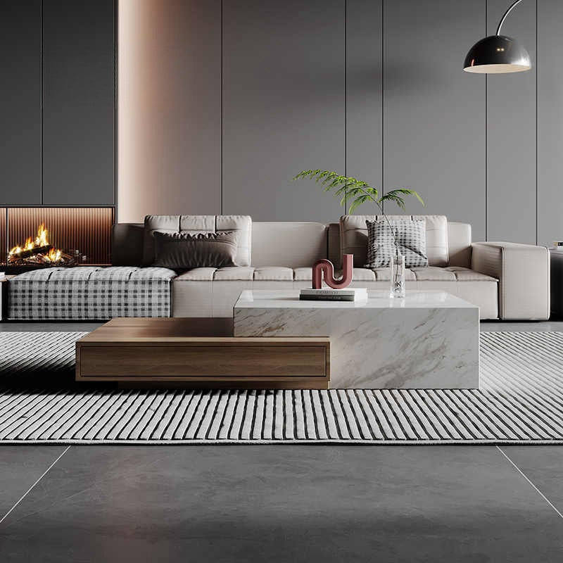 Natural marble coffee table TV cabinet combination living room high-end modern light luxury Italian minimalist square wabi-Sabi wind