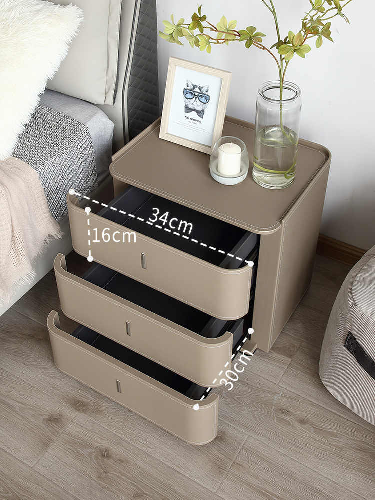 Italian minimalist bedside table simple modern bedroom storage Square three drawers light luxury saddle leather bedside cabinet