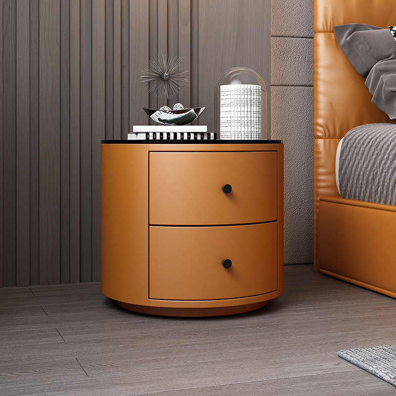 Round nightstand simple modern light luxury high-end leather solid wood network red bedroom small mini rock panel bed side cabinet