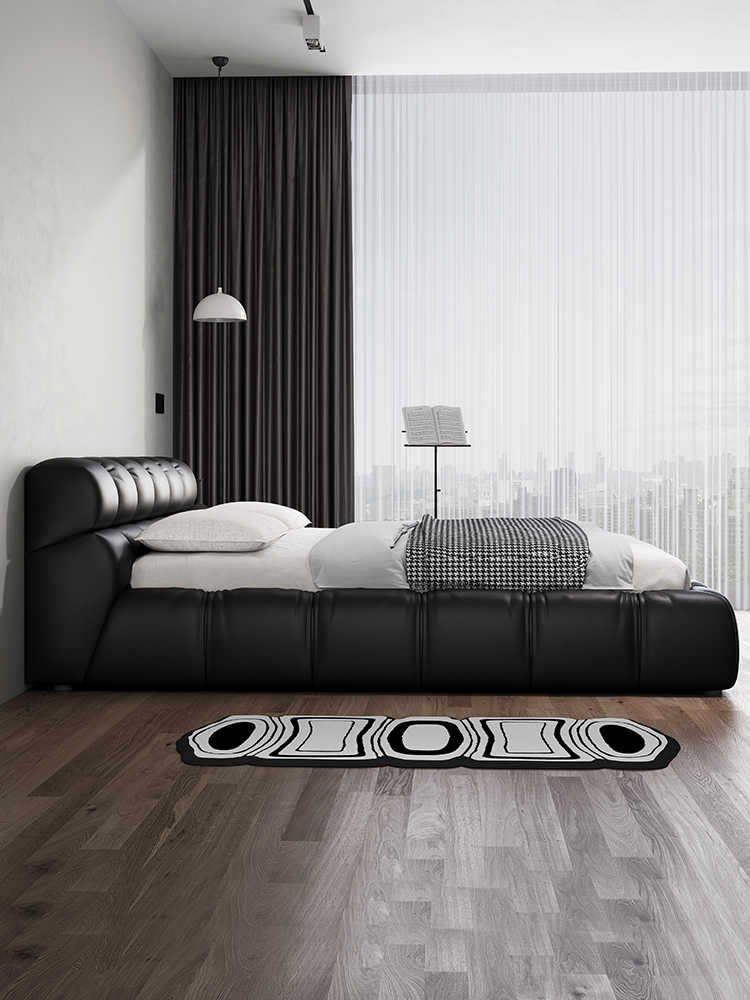 Leather bed Modern simple black puff bed Italian minimalist Master bedroom Queen bed storage Wedding bed Double bed