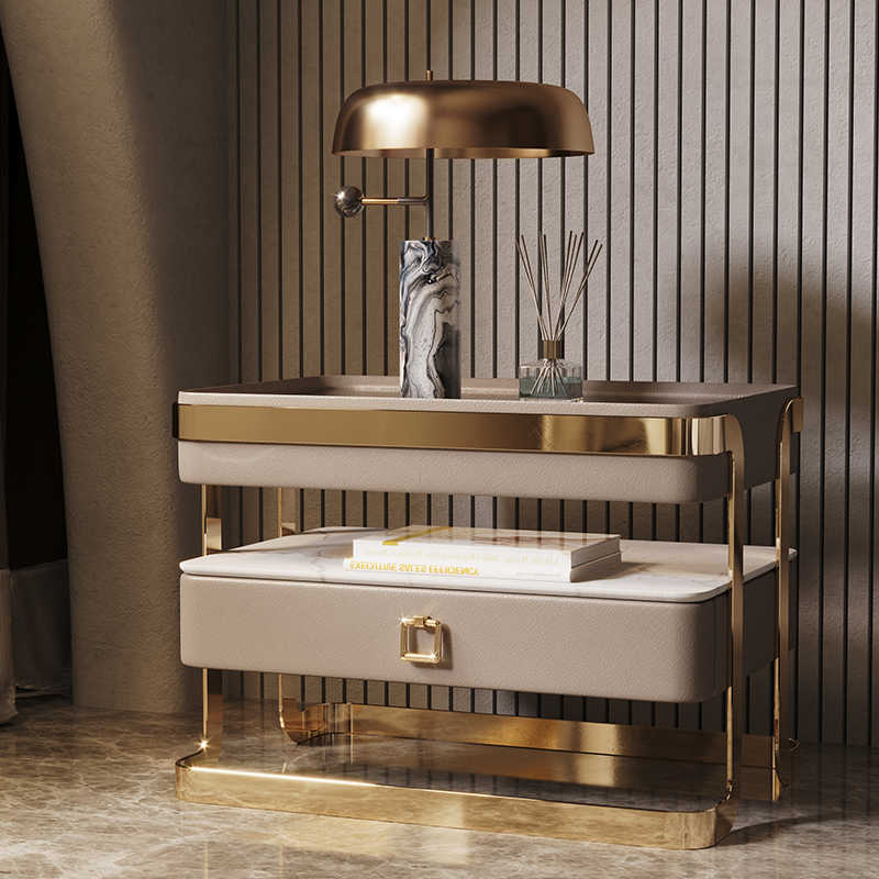Intelligent bedside table advanced sense multi-functional light luxury Italian minimalist bedside cabinet rock board storage glass