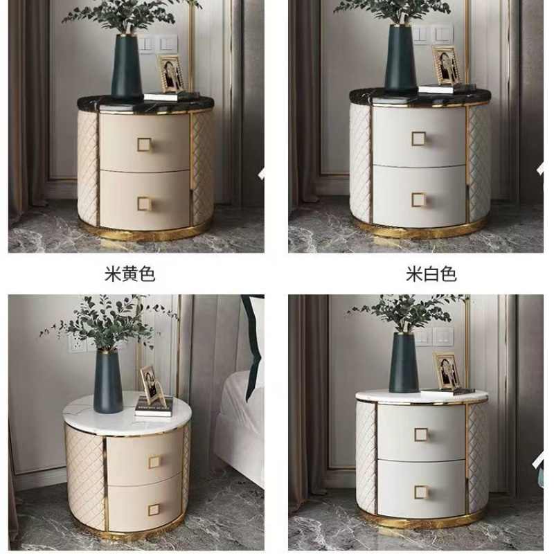 Modern simple high-end storage cabinet Italian light luxury round solid wood bedside table leather light luxury marble desktop