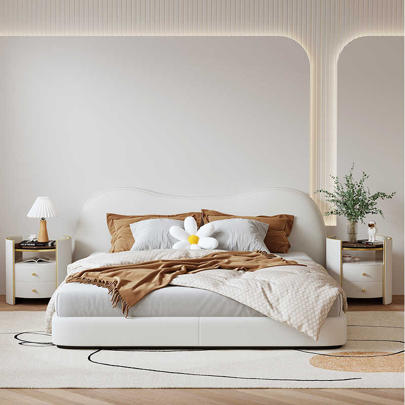 Light luxury cream style nightstand round simple modern bedroom bedside cabinet very simple rock board brown glass storage cabinet