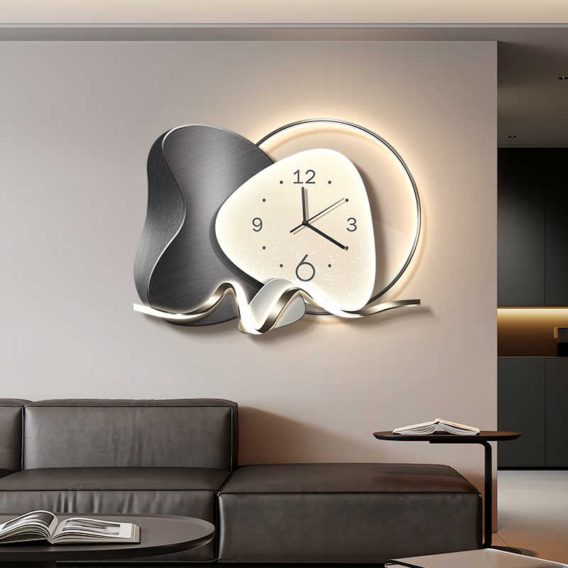 Stone to run the restaurant decorative painting wall clock modern light luxury living room clock hanging painting advanced sense wall lamp