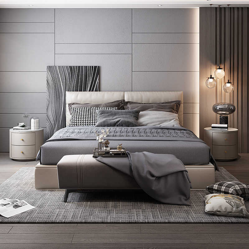 Round nightstand simple modern light luxury high-end leather solid wood network red bedroom small mini rock panel bed side cabinet