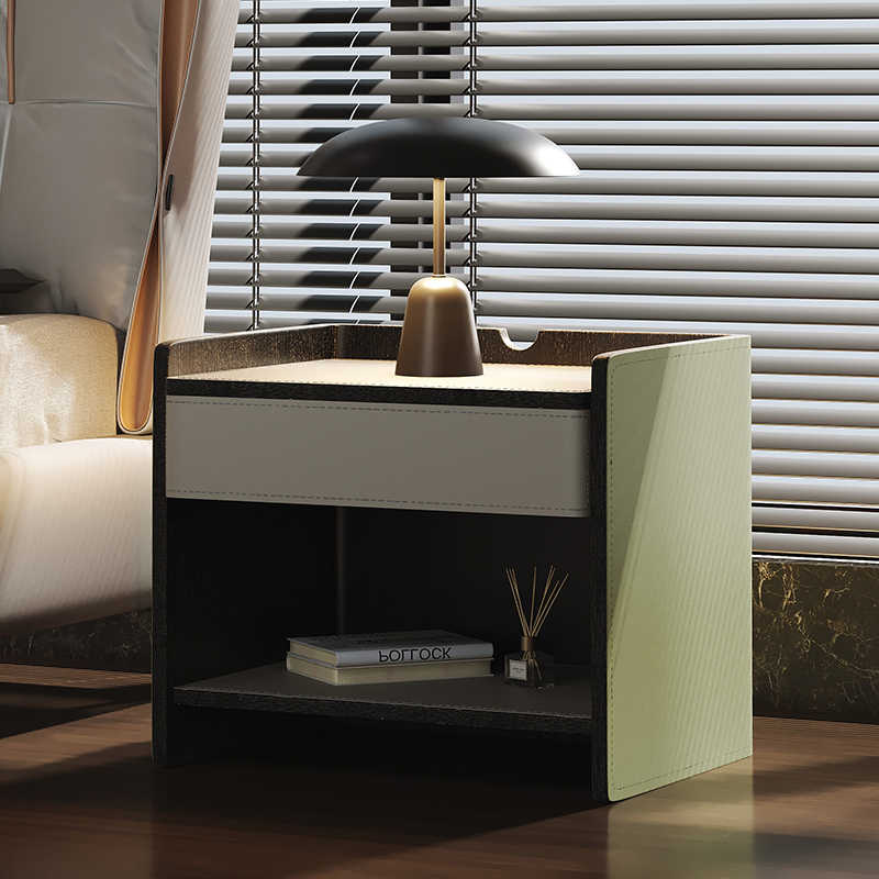 Italian minimalist saddle leather bedside table rectangular 2023 new leather bedside storage cabinet height 50cm short
