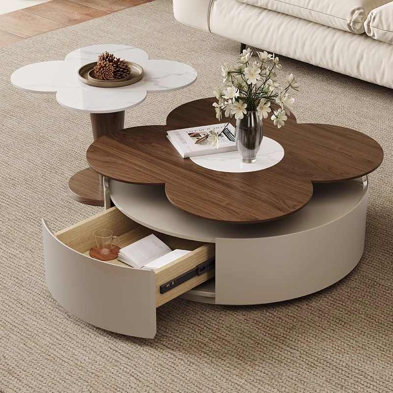 Cream wind rock plate coffee table Italian living room home small apartment new flower four-leaf clover can rotate round coffee table