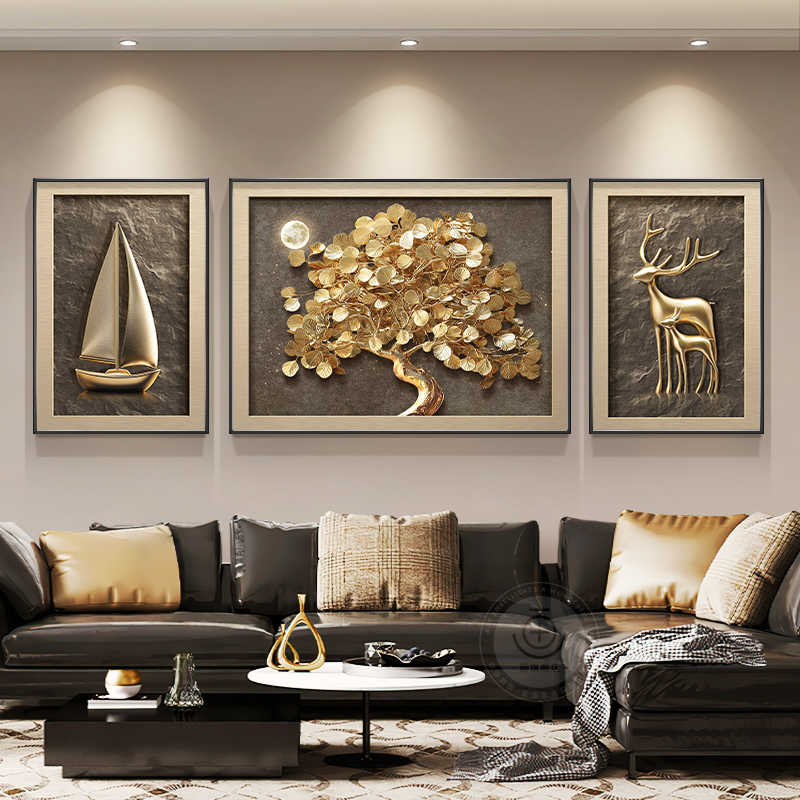 Fortune tree atmospheric living room decoration painting modern light luxury elephant sofa background wall hanging painting advanced sense triple mural