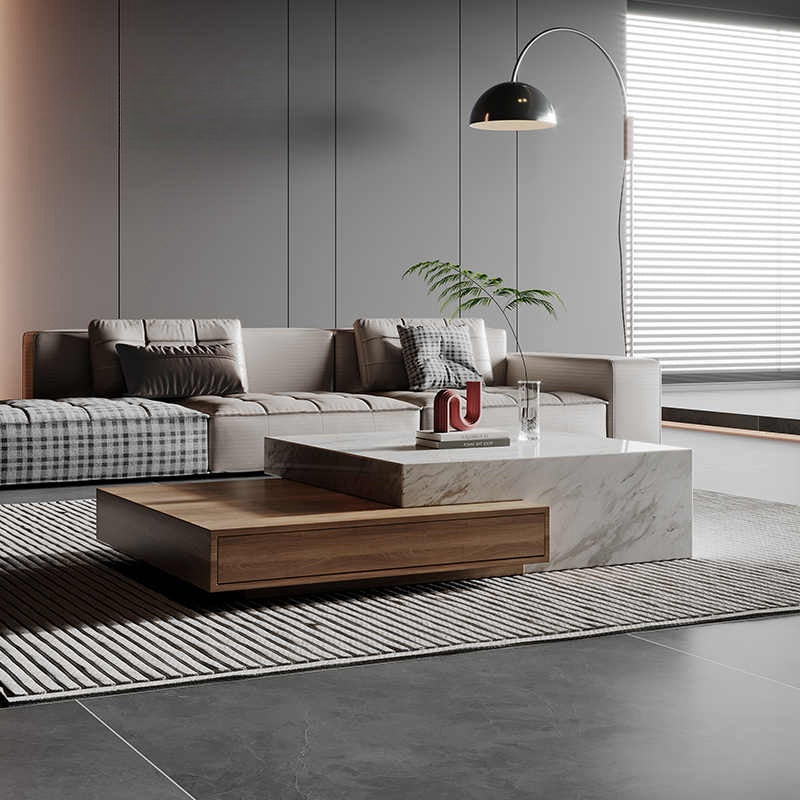 Natural marble coffee table TV cabinet combination living room high-end modern light luxury Italian minimalist square wabi-Sabi wind