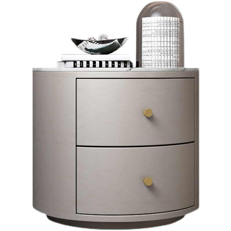 Round nightstand simple modern light luxury high-end leather solid wood network red bedroom small mini rock panel bed side cabinet