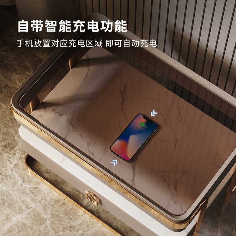 Intelligent bedside table advanced sense multi-functional light luxury Italian minimalist bedside cabinet rock board storage glass
