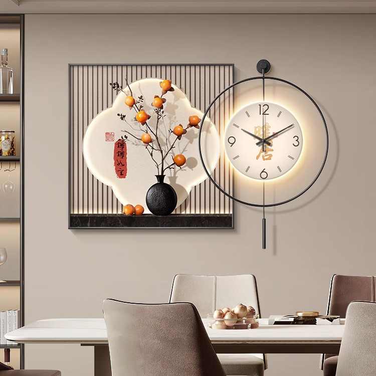 Modern light luxury restaurant decoration painting Persimmon Ruyi high-grade sense table background wall hanging painting dining room clock wall clock painting