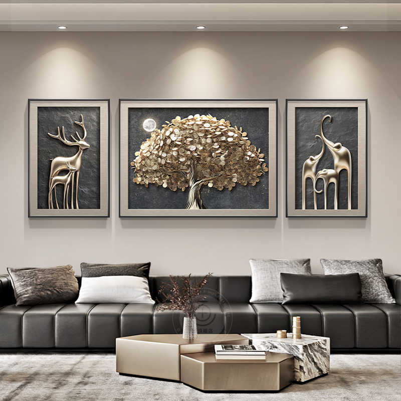 Fortune tree atmospheric living room decoration painting modern light luxury elephant sofa background wall hanging painting advanced sense triple mural