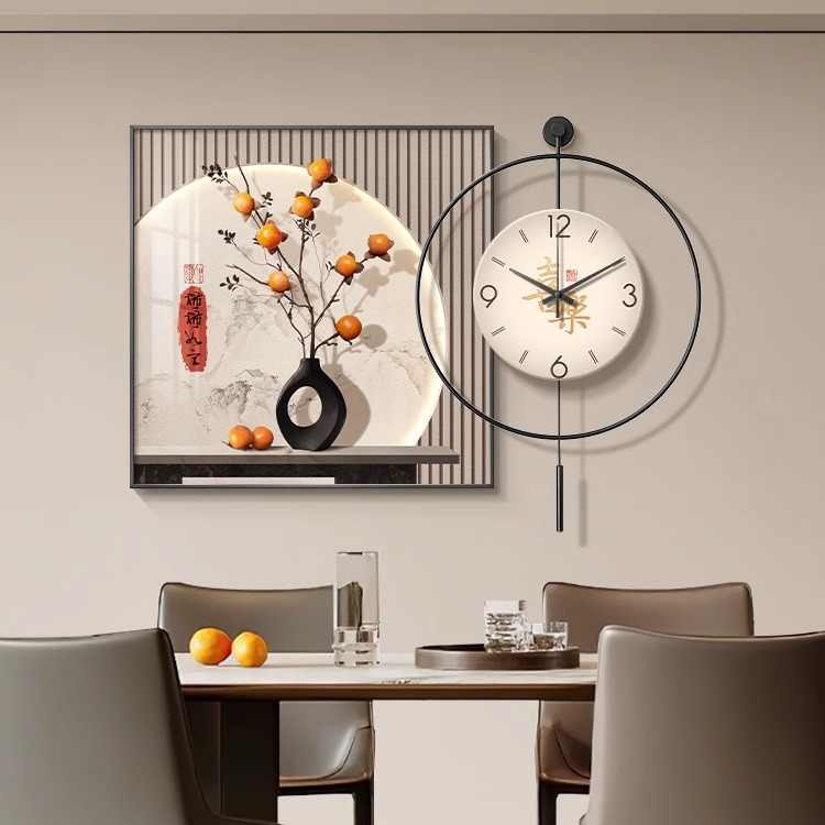 Modern light luxury restaurant decoration painting Persimmon Ruyi high-grade sense table background wall hanging painting dining room clock wall clock painting