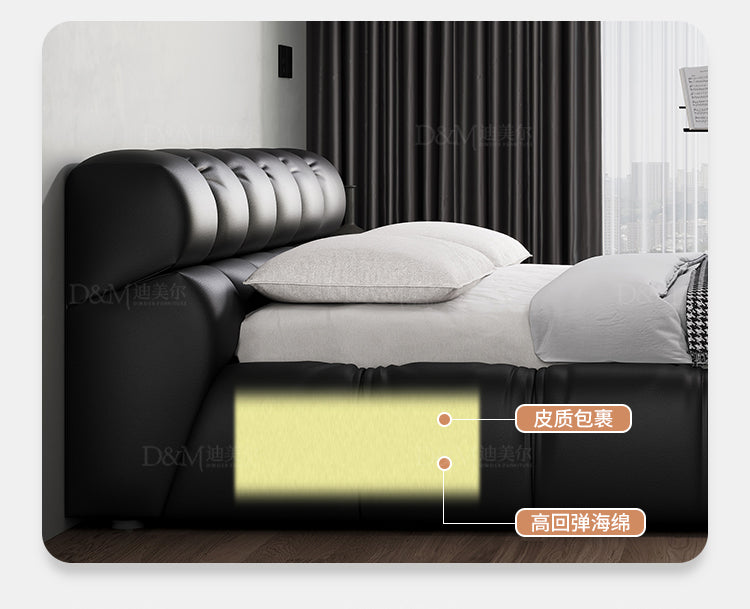 Leather bed Modern simple black puff bed Italian minimalist Master bedroom Queen bed storage Wedding bed Double bed