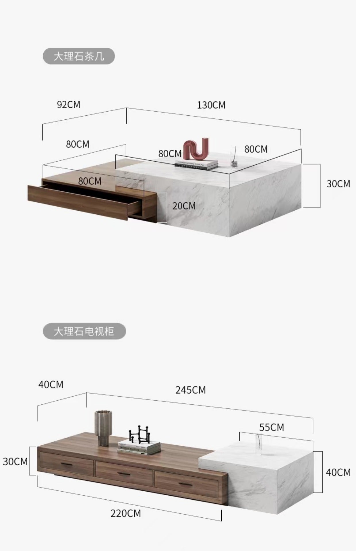Natural marble coffee table TV cabinet combination living room high-end modern light luxury Italian minimalist square wabi-Sabi wind