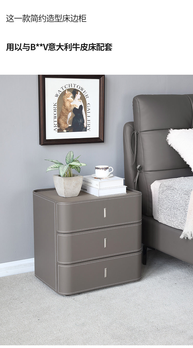 Italian minimalist bedside table simple modern bedroom storage Square three drawers light luxury saddle leather bedside cabinet