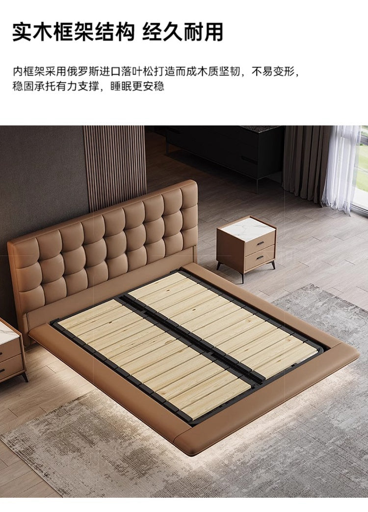 Waffle leather bed Master bedroom high-end atmosphere first layer cowhide floating bed modern simple 1.8m double bed wedding bed