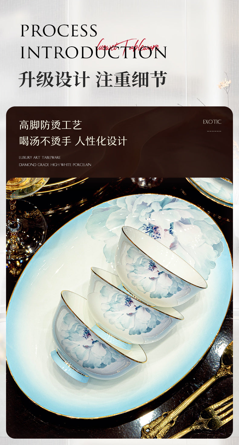 Jingdezhen white porcelain tableware set under glaze color light luxury dish set household housewarming gift bowl combination