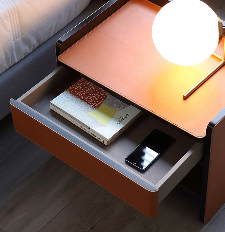 Italian minimalist saddle leather bedside table rectangular 2023 new leather bedside storage cabinet height 50cm short