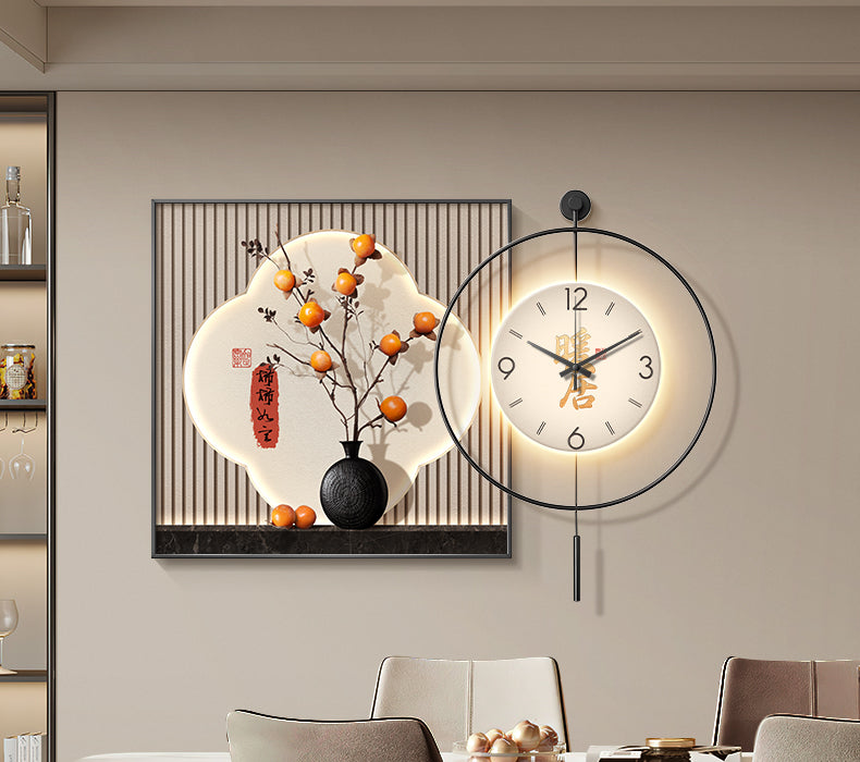 Modern light luxury restaurant decoration painting Persimmon Ruyi high-grade sense table background wall hanging painting dining room clock wall clock painting